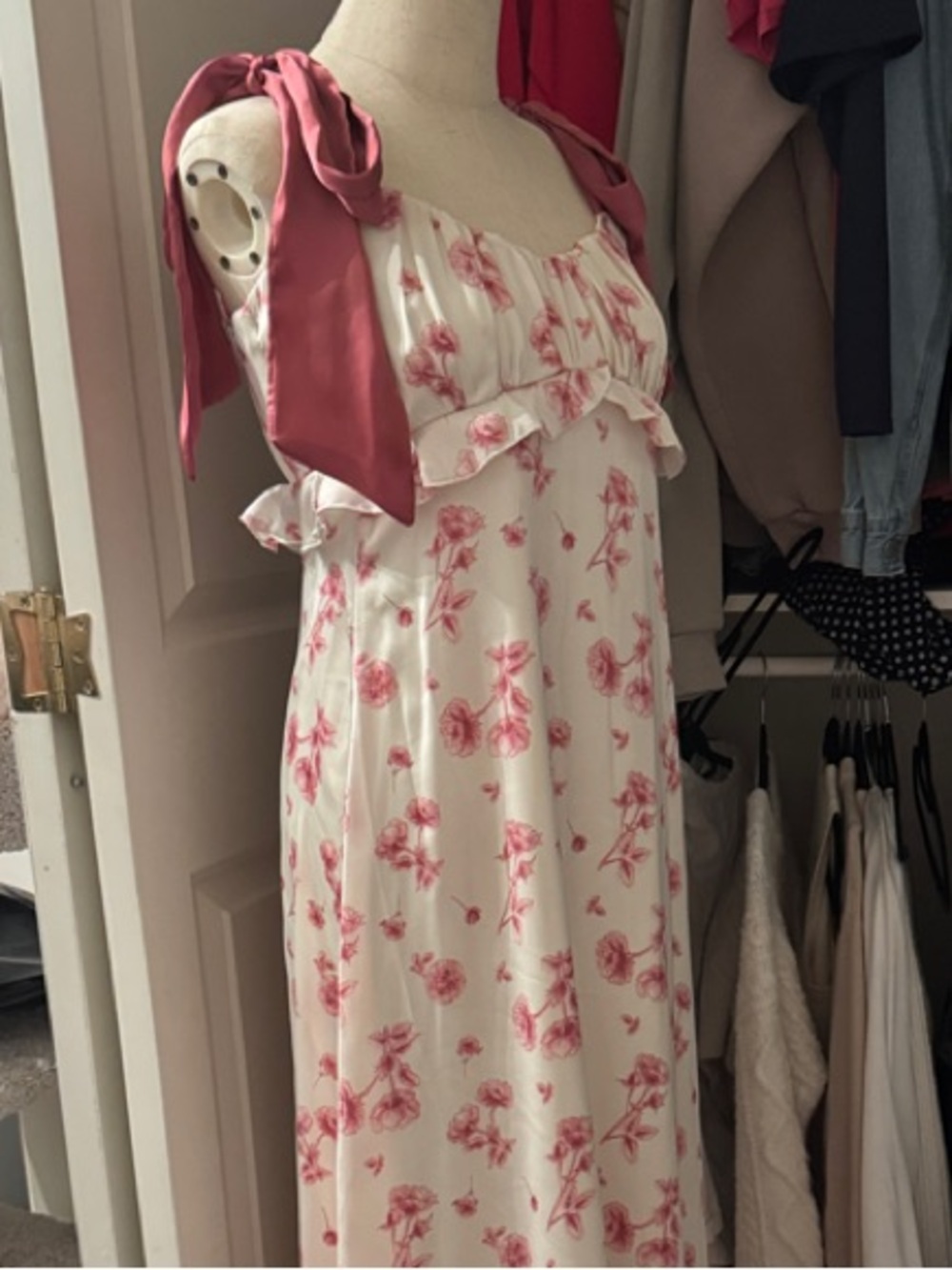 Francesca's Collections White Midi Dress with Pink Floral Print and Pink Ties